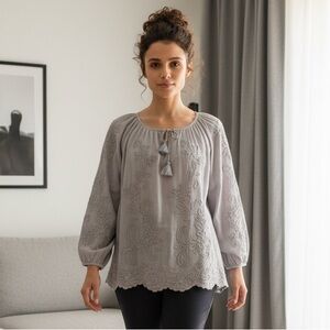 Soft Surroundings Light Gray Embroidered Blouse